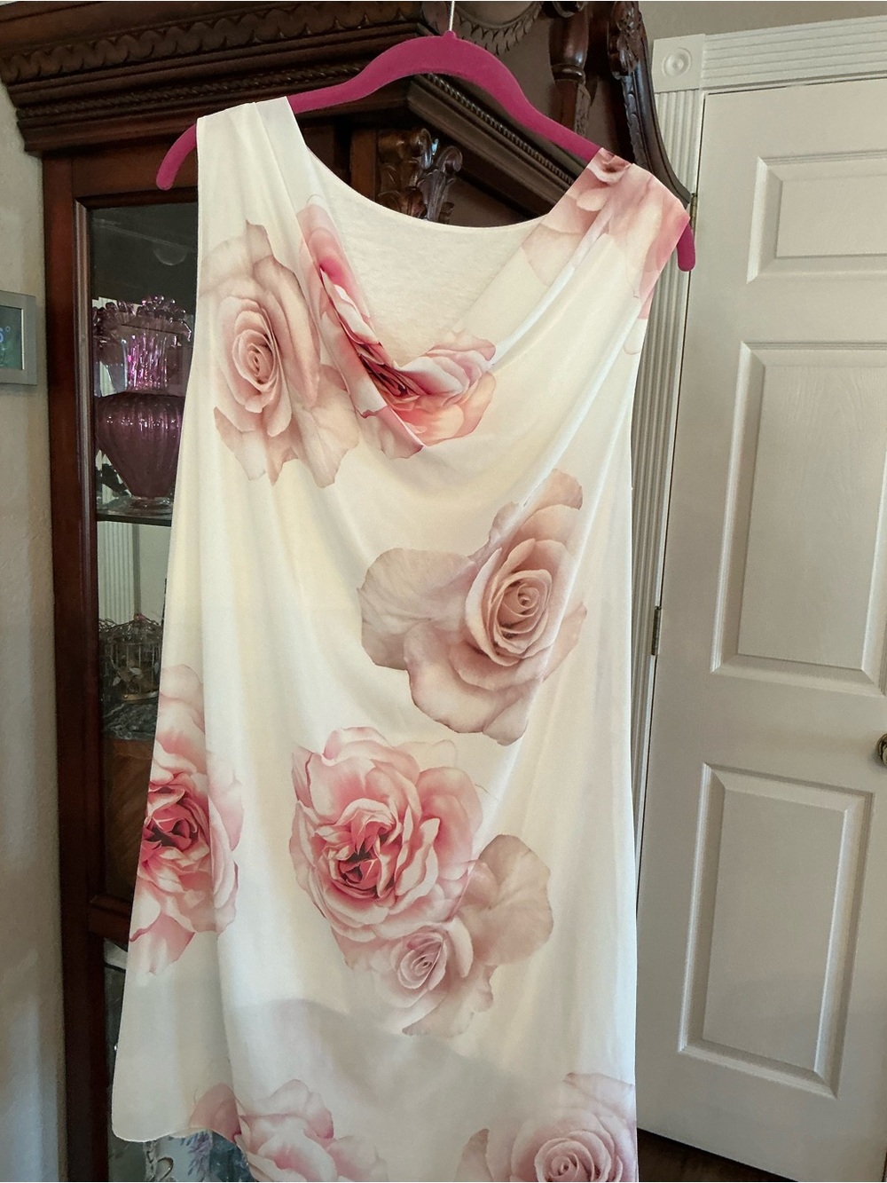White Floral Cowl Neck Dress with Pink Rose Print
